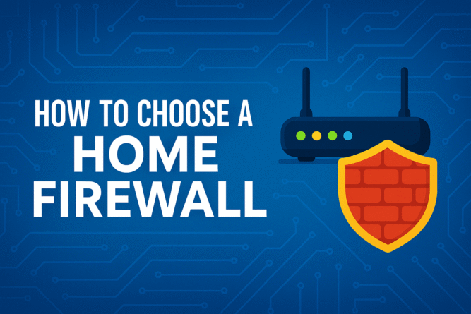 “Illustration of a home Wi-Fi router protected by a security shield, representing how to choose a home firewall for smart-home network security.”