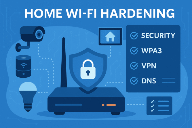 Blue infographic titled Home Wi-Fi Hardening featuring a router with a shield padlock and a checklist of security steps like WPA3, VPN, and DNS filtering