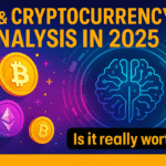 Futuristic image depicting AI and cryptocurrency analysis in 2025 with vibrant colors and a digital interface.