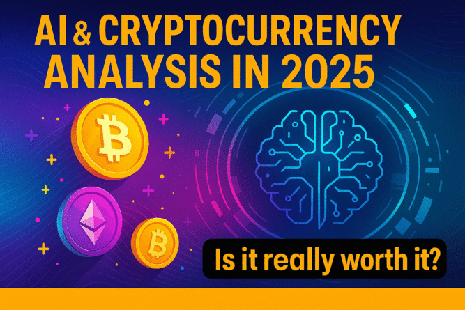 Futuristic image depicting AI and cryptocurrency analysis in 2025 with vibrant colors and a digital interface.
