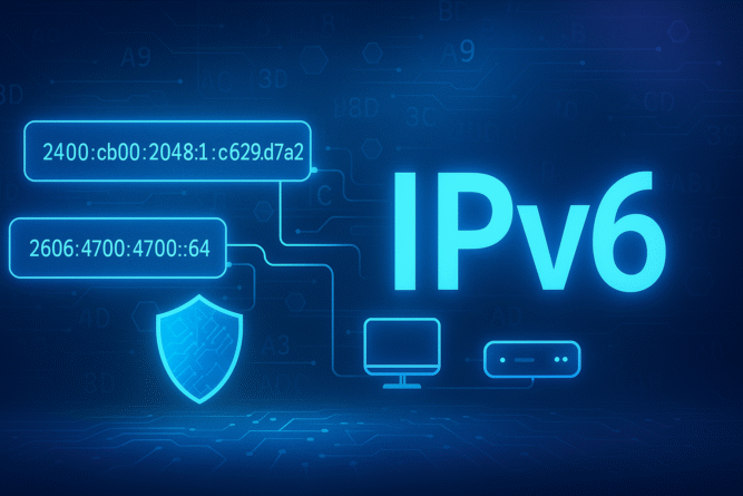 “Futuristic illustration with bold IPv6 text, sample hexadecimal addresses, and a shield icon representing a beginner’s guide to IPv6 networking.”