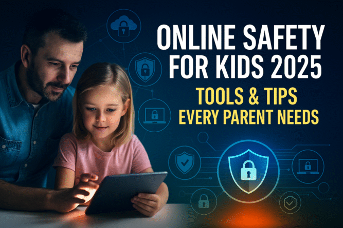 Image showing parent and child looking at tablet with digital safety icons in the background