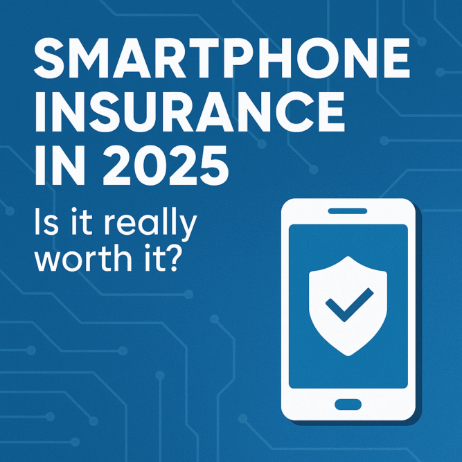 Blue infographic titled Smartphone Insurance in 2025 with a phone icon and subtitle Is it really worth it?