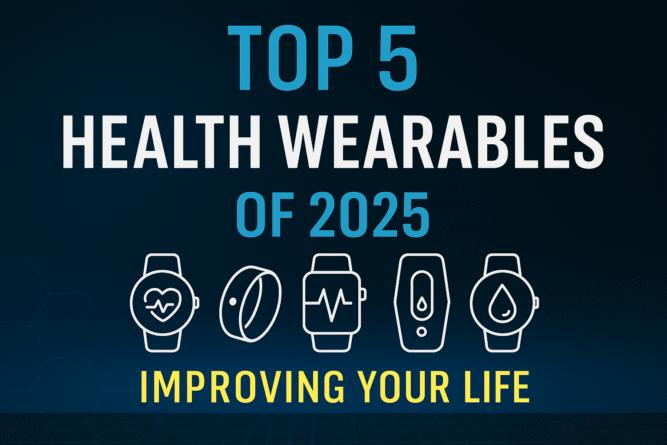 Bright digital infographic titled "Top 5 Health Wearables of 2025" showing modern wearable devices like rings, smartwatches, and health bands over a tech-style background.