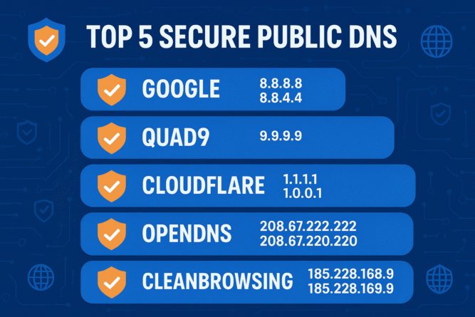 “Infographic showing the Top 5 secure public DNS services—Google (8.8.8.8), Quad9 (9.9.9.9), Cloudflare (1.1.1.1), OpenDNS (208.67.222.222), and CleanBrowsing (185.228.168.9)—on a blue tech background.”