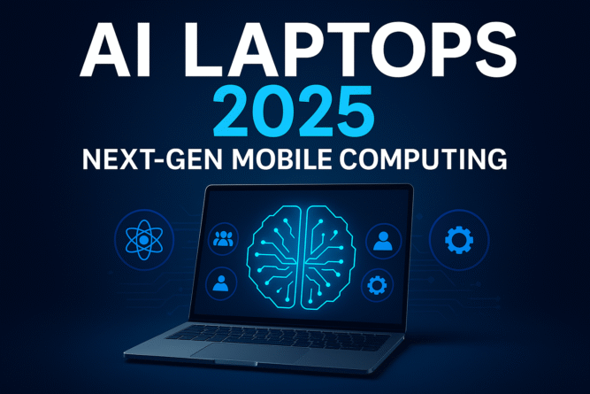 AI-powered laptop with neural icons on screen