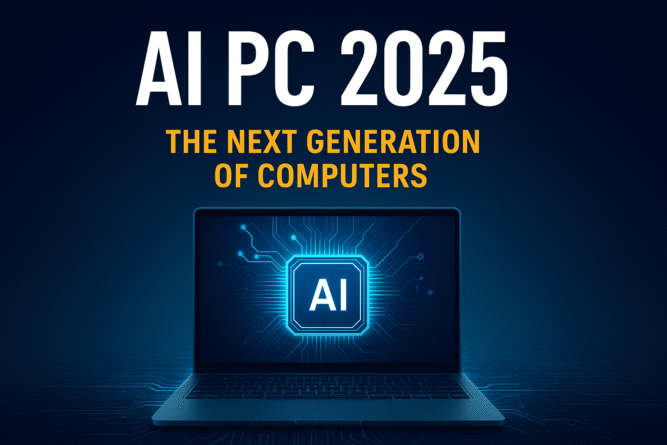 AI PC 2025 with futuristic chip and glowing display