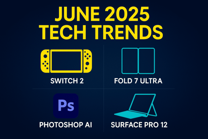 Icons of Switch 2, Galaxy Fold 7 Ultra, Photoshop Android, and Surface Pro 12